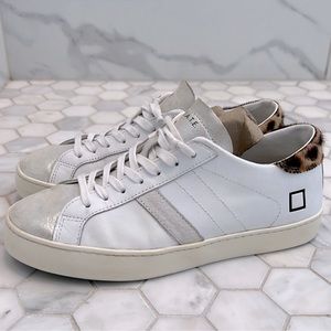 D.A.T.E. White Leather Leopard Calf Metallic Low-Top Trainers Sneakers Women’s 7